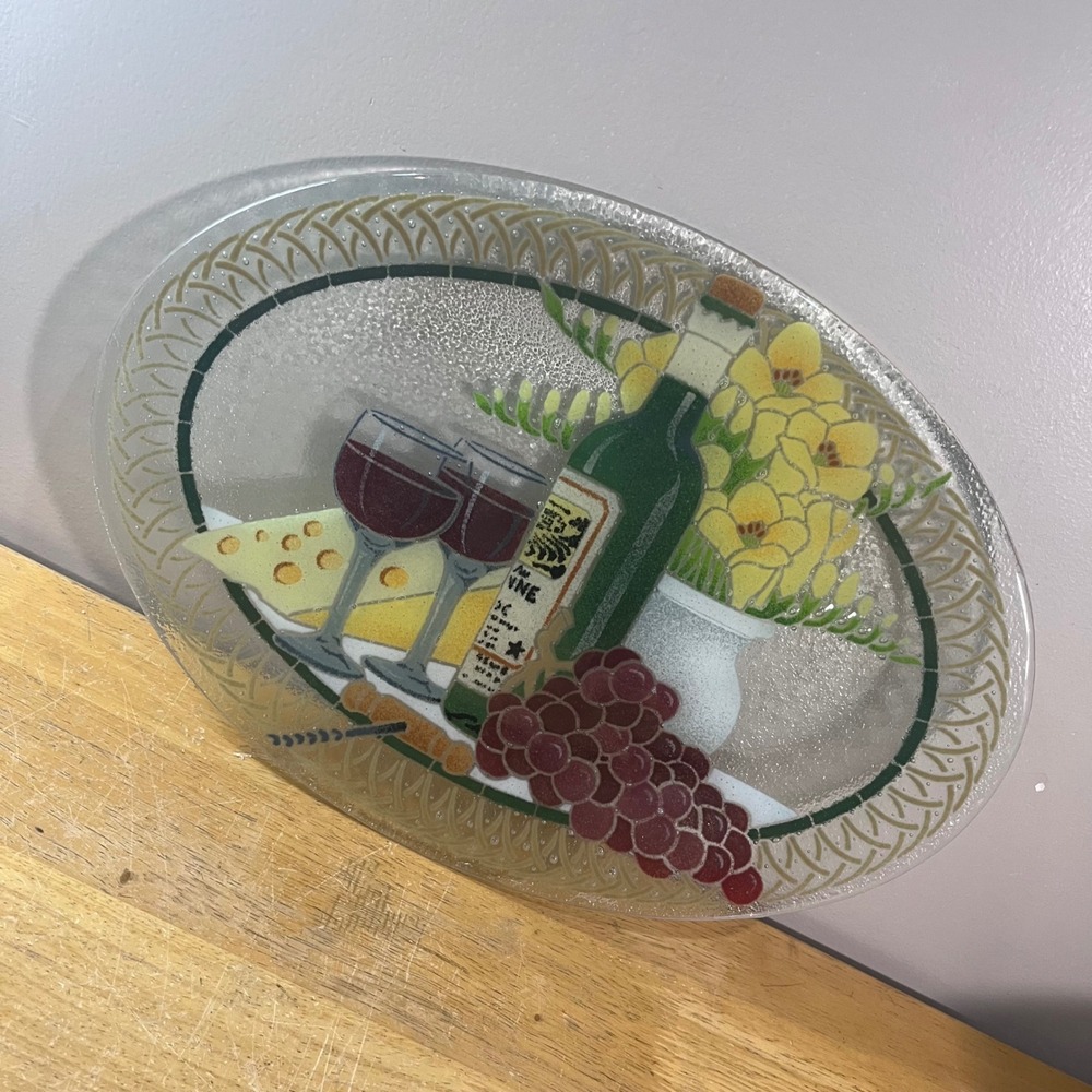 Peggy Karr Fused Glass Platter Vtg Wine Cheese Grapes Oval Serving Tray 15in